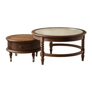 水墨兰亭2026新款黑胡桃木茶几法式复古圆形实木茶几组合客厅家用