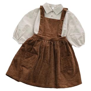 森系复古秋冬女童装灯芯绒连衣裙儿童背带裙女宝学院风条绒公主裙