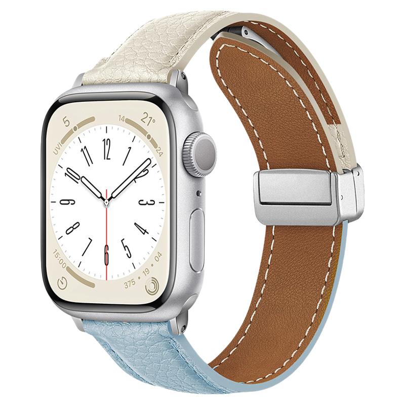 适用iwatch表带荔枝纹皮革磁吸扣
