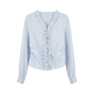 BLUEerror 花边v领收腰纯棉条纹长袖衬衫女显瘦蓝色木耳衬衣秋季