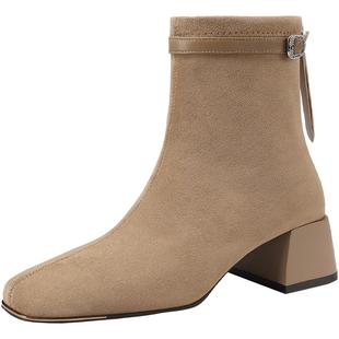 木林森女鞋2025秋冬新款英伦风百搭简约高跟靴增高气质显瘦时装靴