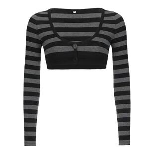 XXBUNI 爵士跳舞jazz上衣性感长袖条纹大圆领超短上衣女潮美式