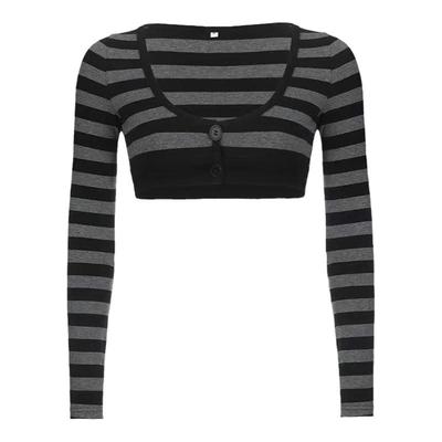 条纹超短上衣性感圆领辣妹复古