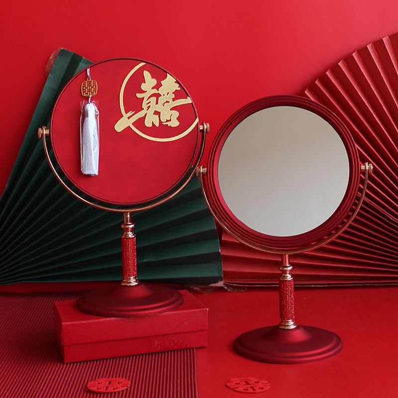 结婚镜子单面新娘红色中式化妆镜梳妆台镜陪嫁镜复古随身一对女方