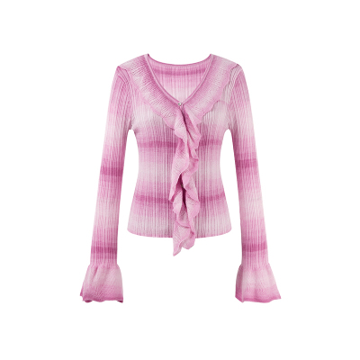 秋水伊人时尚荷叶边安可拉红针织衫女2025初秋新款长袖红色上衣女