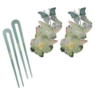 汉服头饰古风头饰绢纱烫花绿色对夹发钗明制醋酸发梳宋制发饰组合