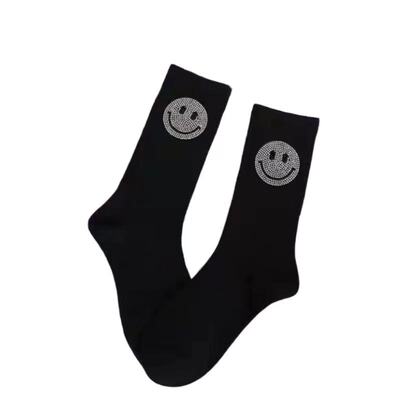 韩国东大门同款时尚个性网红袜子女烫钻大笑脸中筒袜ins潮棉袜春.