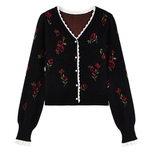 秋水伊人优雅复古蔷薇花针织开衫2026年春季新款时尚百搭V领毛衣