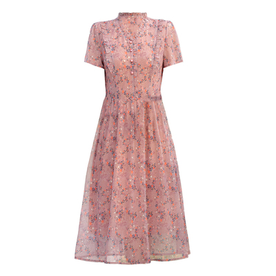 妈妈装夏时尚短袖碎花雪纺连衣裙