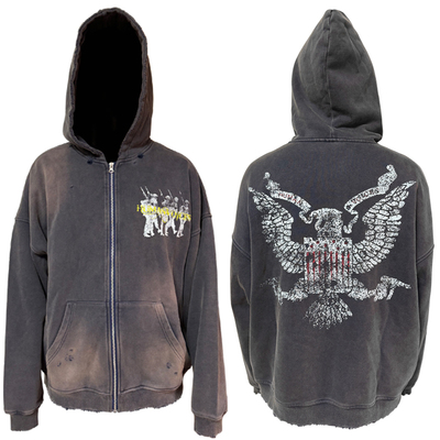 Human Voices士兵鹰标水洗做旧破坏拉链连帽卫衣男女潮流宽松外套