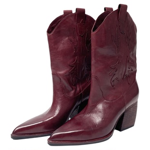 雪密欧手工水洗马皮刺绣复古尖头粗跟西部牛仔靴骑士靴时尚中筒靴