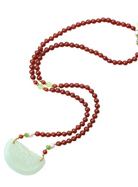 红玛瑙兔踏祥云岫玉梳毛衣链项链