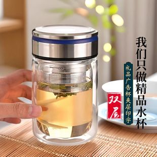 带盖玻璃杯家用加厚透明耐高温玻璃双层水杯中式 泡茶杯子茶杯批发