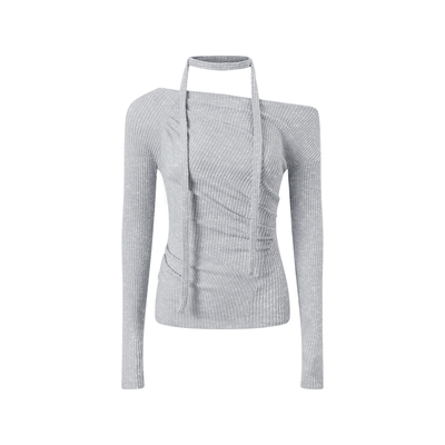 绒感花纱分割褶皱飘带针织T恤