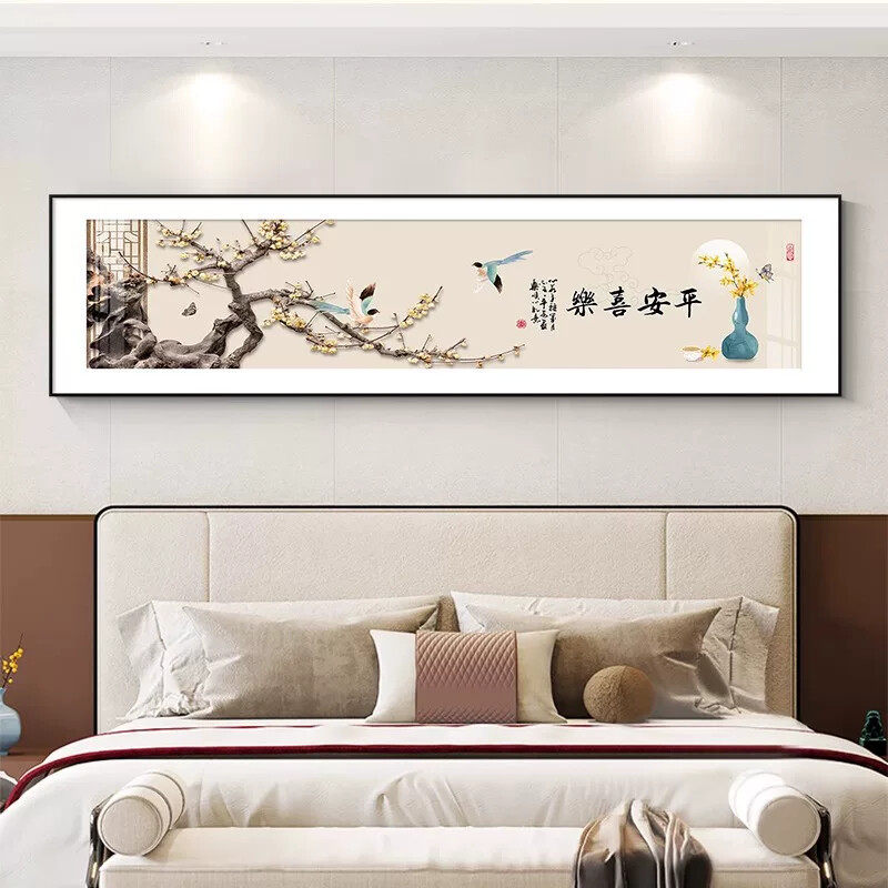 新中式卧室床头挂画 花鸟主题高档水晶画面装饰画 可客制化墙壁挂