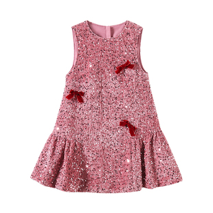 淘町亲子女童珠片绣丝绒蝴蝶结连衣裙秋冬大童高端新年圣诞背心裙