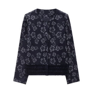 枫竺2026春季新款圆领印花下摆立体花边长袖短款外套女洋气上衣