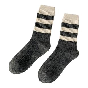双杠复古袜子女秋冬季节保暖冬季女生日系学院风撞色竖条纹中筒袜