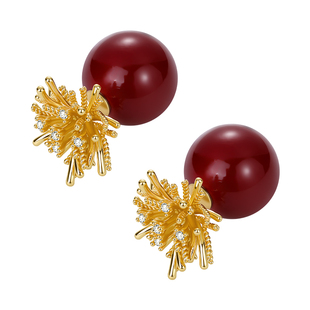 999银针红色烟花珍珠耳钉女轻奢高级感气质耳环2026过新年耳饰品