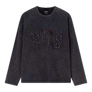 HOODRICH彩色字母贴布烫钻长袖T恤男潮流秋季圆领休闲宽松上衣