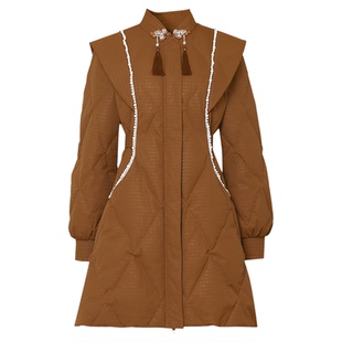 2025冬季新款新中式国风立领盘扣飞肩收腰菱格提花羽绒服外套