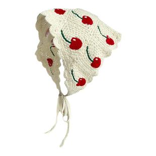 法式樱桃三角巾女春秋出游亲子款针织钩花镂空文艺头巾发带包头帽