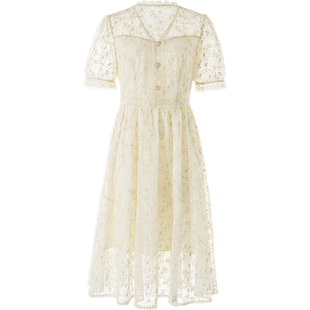 衣纱布菲月蕊 蕾丝连衣裙新款女夏v领泡泡袖绣花波浪仙女裙子