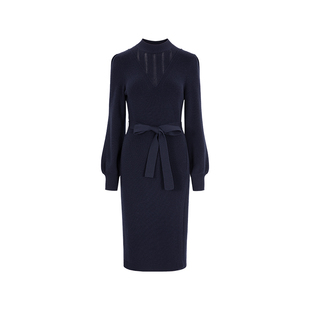 MARYLING玛俪琳深蓝色侧开叉收腰羊毛连衣裙A1DHW04720