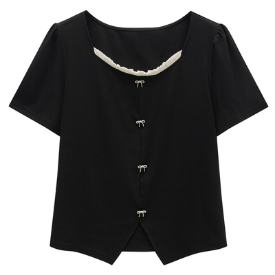 大码女装蕾丝边收腰短袖T恤上衣