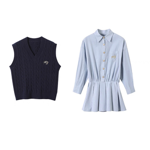 学院风两件套装女2025新款巨好看的早秋穿搭条纹长袖衬衫连衣裙子