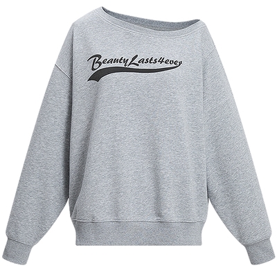 KBNE卫衣女灰色斜肩长袖2025秋季新款运动风百搭显瘦上衣小衫女