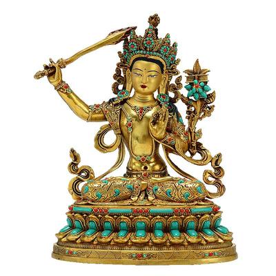 鎏金文殊菩萨带彩珠铜