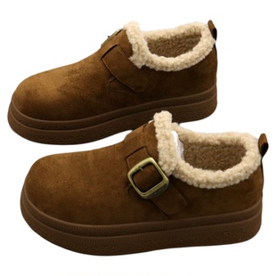 加绒勃肯鞋女乐福鞋2025年冬季圆头绒面羊羔毛保暖休闲厚底棉鞋子