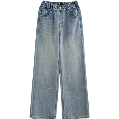 诺诺公主S1N初中生爱心刺绣牛仔裤女春季2026新款学生直筒阔腿裤