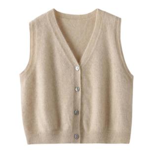 秋冬新款100纯山羊绒无袖开衫女V领休闲百搭背心简约短款针织马甲