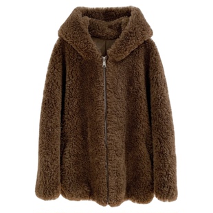 简约经典高克重羊羔毛皮毛一体休闲连帽中长款冬季皮草女毛毛外套