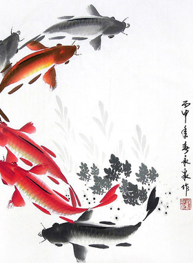 字画纯手绘花鸟国画鲤鱼六顺图
