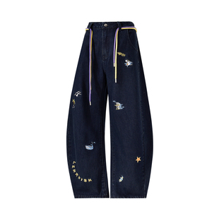 lemanism美式潮流刺绣牛仔裤男2025新款情侣款春秋宽松休闲裤子