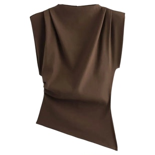 Women's solid color pleated round neck top纯色褶皱圆领上衣女