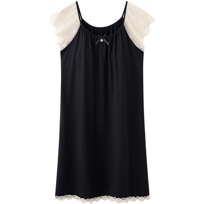 带胸垫睡裙女夏莫代尔棉甜美蕾丝