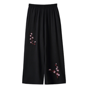 雅鹿妈妈阔腿裤夏季薄款中老年人女裤宽松九分裤夏天冰丝裤子黑色