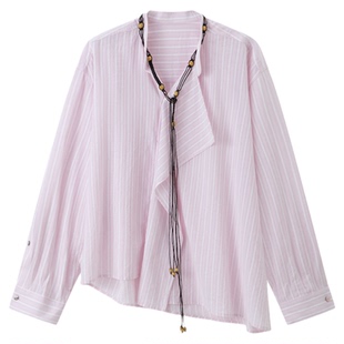 RUISHI芮时 假日遐想 棉质宽松显瘦立领条纹提花长袖衬衫上衣女春