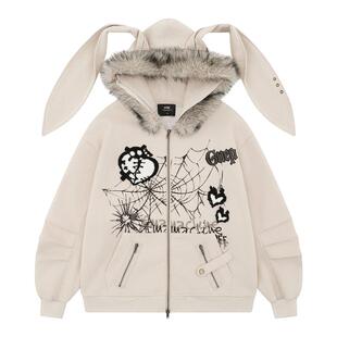 y2k轻亚比上衣千禧风暗黑系兔子耳朵毛领连帽卫衣女秋冬开衫外套