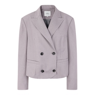 灰紫色西装女正装外套高端戗驳领西服气质短款双排扣箱型小个子