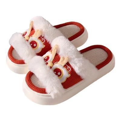 细细条国潮舞狮厚底吸汗亚麻拖鞋