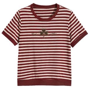 红色条纹t恤女夏季薄款短袖妈妈装夏季新款烫钻宽松中老年上衣棉