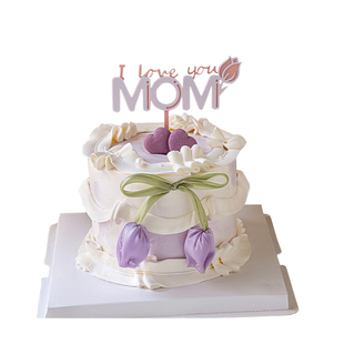 郁金香花苞丝带母亲节网红唯美蛋糕装饰亚克力MOM妈妈烘焙插牌