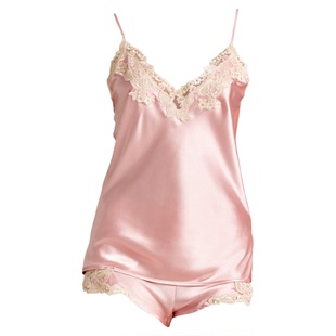 2025春夏新款V领吊带短裤真丝混纺睡衣女性感蕾丝粉色家居套装