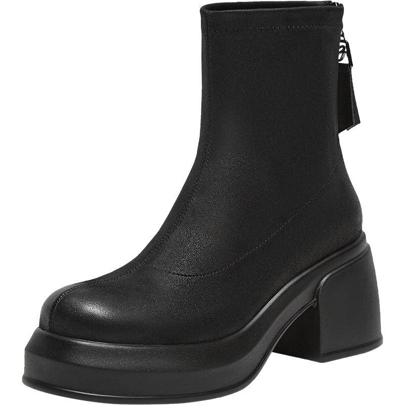 百思图2025冬季商场新款时尚厚底增高粗跟女短靴马丁靴E5037DZ5