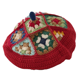 心尖尖手工勾花红色毛线贝雷帽女结婚帽子过年帽时尚画家帽蓓蕾帽